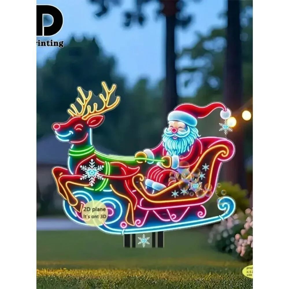 2D Festive Holiday Santa Claus with Sleigh and Reindeer Garden Outdoor Stake